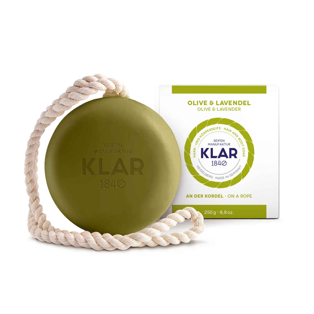 Haar- & Körperseife Olive/Lavendel 250g, Cosmos zertifiziert, palmölfrei Klar Seifen